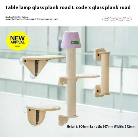Cat scratch tree with sisal scratching rod, jumping platform and space capsule cat nest mounted on glass using suction cups