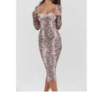 Grey women's slim fit lace dress with long sleeves and a digital 3D printed pattern on an A-line skirt.