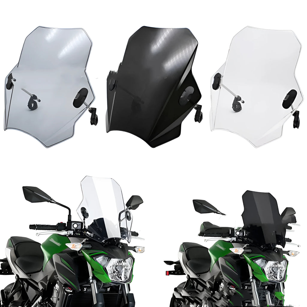 Universal motorcycle windshield in smoke grey for 22mm to 25mm handlebars with ABS plastic construction