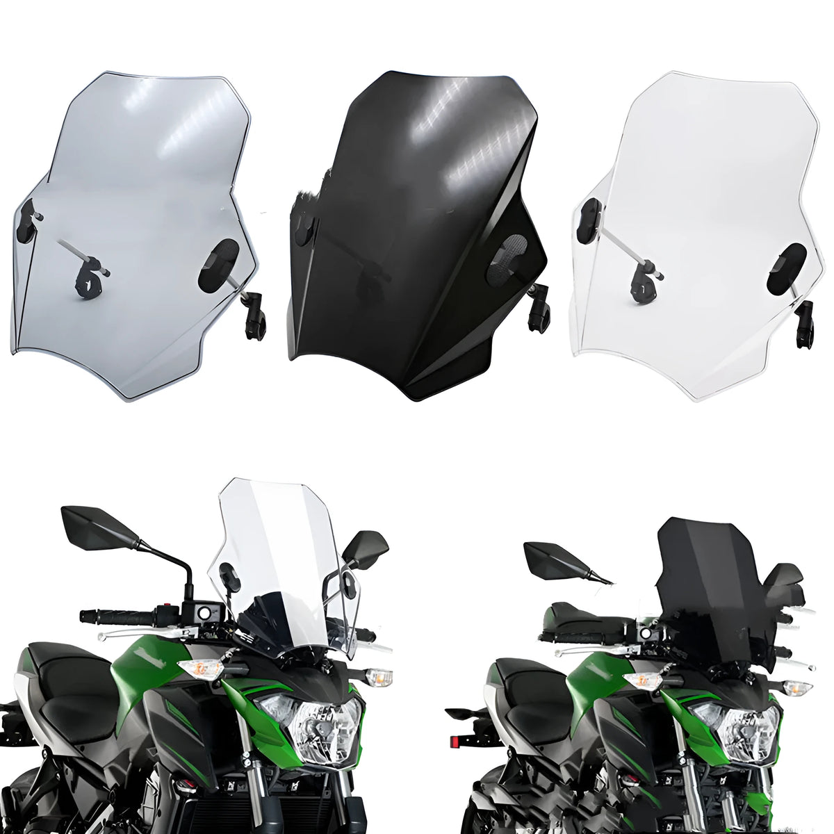 Universal motorcycle windshield in smoke grey for 22mm to 25mm handlebars with ABS plastic construction