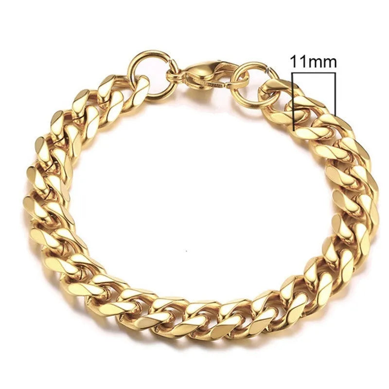 Six-sided geometric Cuban link bracelet in gold, black, or steel colour with multiple width options