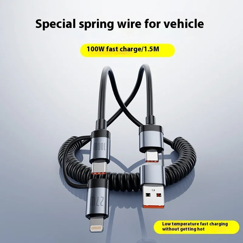 Two Fast Charge car spring wire data cable in black with Lightning and Type-C connectors