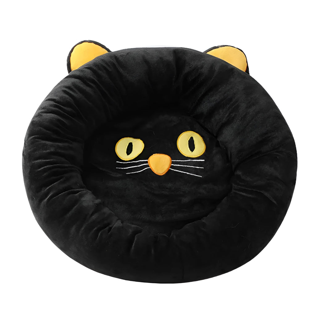 Black cat shape velvet pet nest bed with raised edges for cat head and neck support