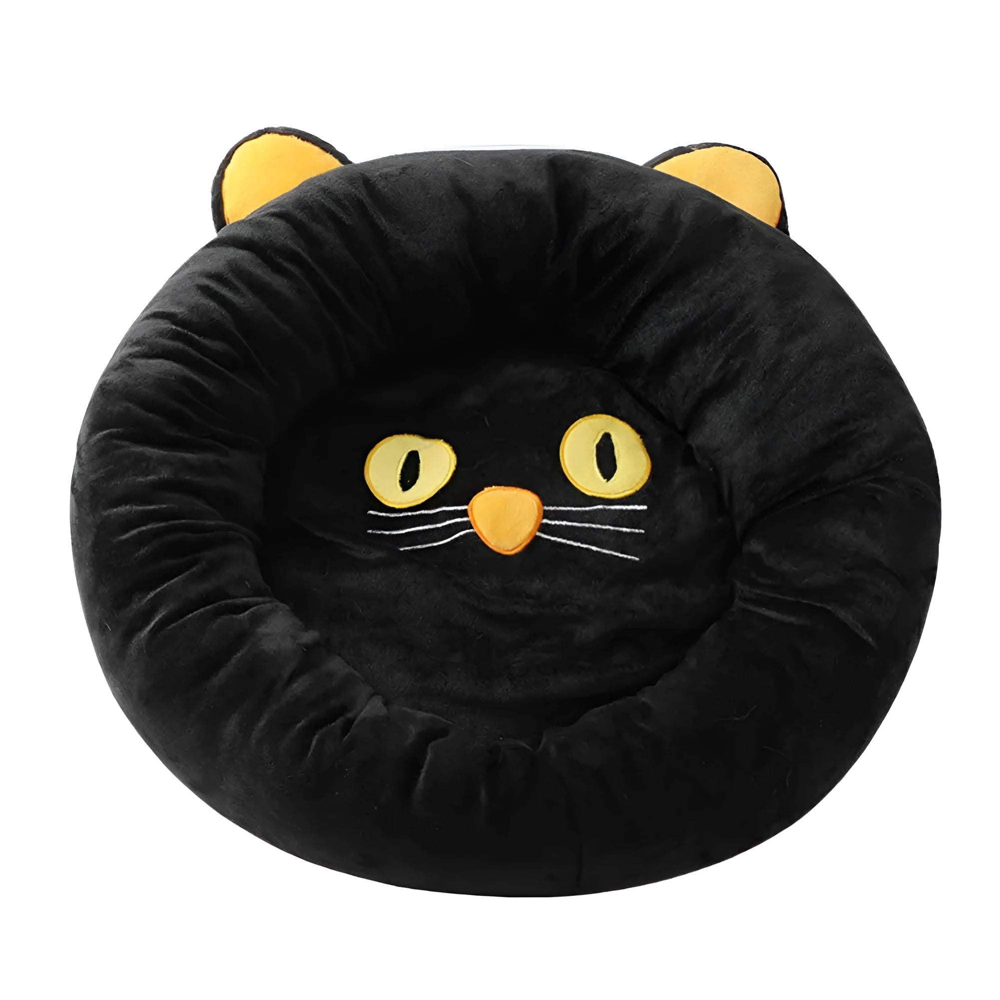 Black cat shape velvet pet nest bed with raised edges for cat head and neck support