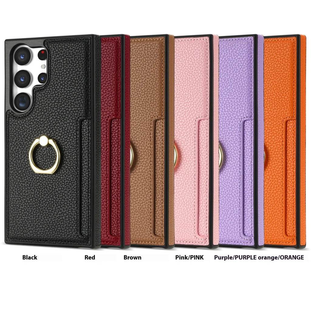 Litchi pattern fastened ring card wallet phone case for Samsung with shockproof frosted TPU PU finish, black colour