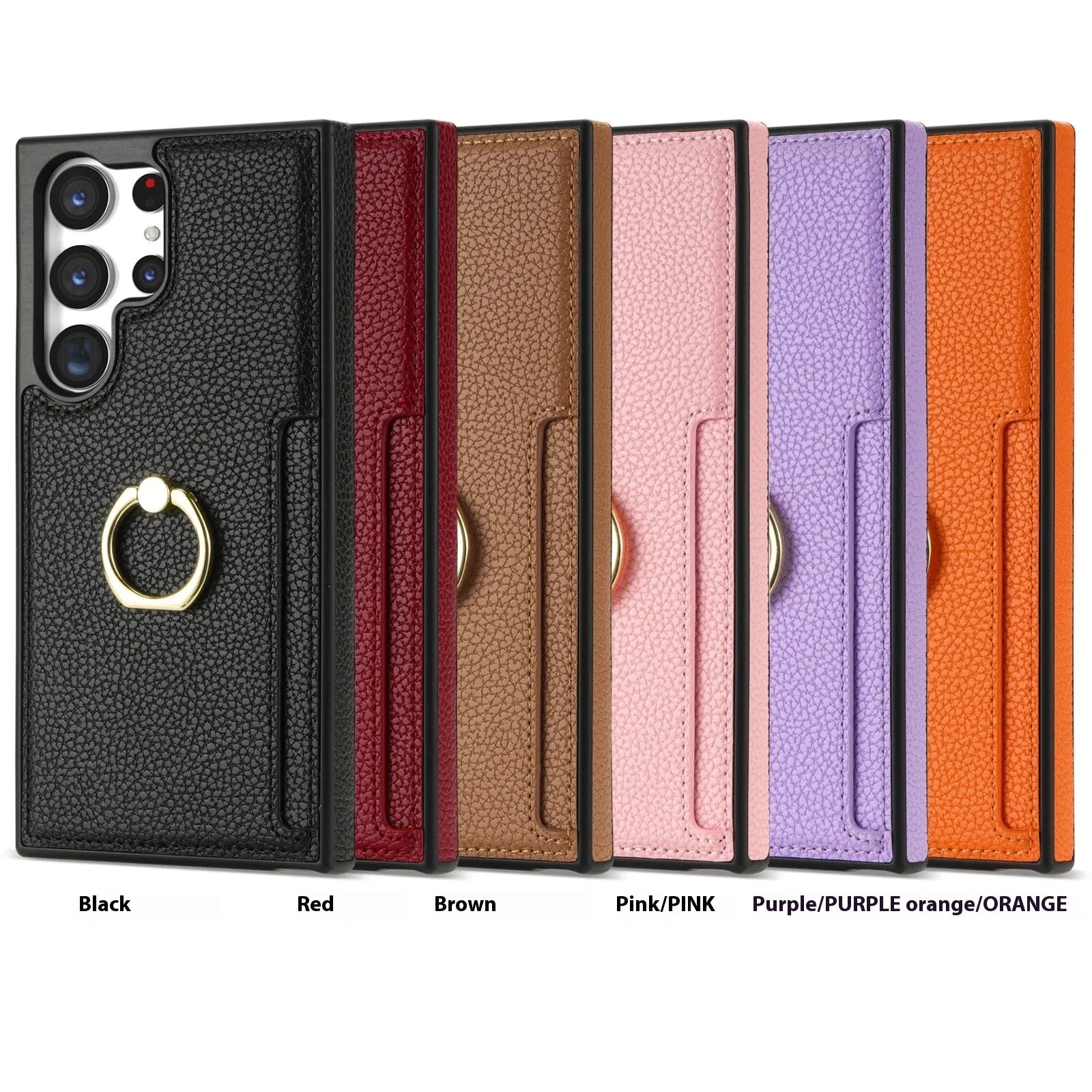 Litchi pattern fastened ring card wallet phone case for Samsung with shockproof frosted TPU PU finish, black colour