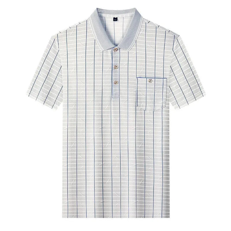 Men's ice silk plaid pullover summer top in light blue or light grey, loose fit, sizes M to XXXXL