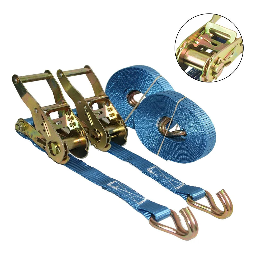 Ratchet tensioner tool with double hook straps for cargo binding and furniture fastening