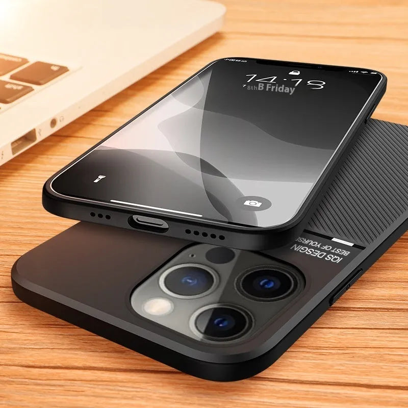 Magnetic silicone phone case for Apple 14 series with textured leather-style finish