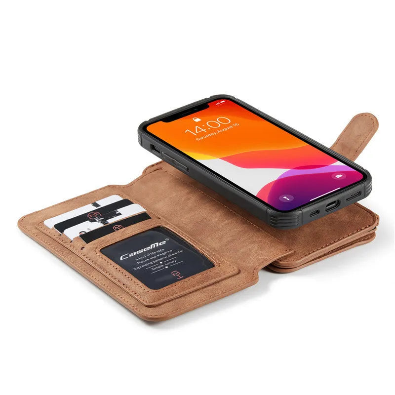 Imitation leather split flip case for Apple iPhone in black showing flip cover and machined finish