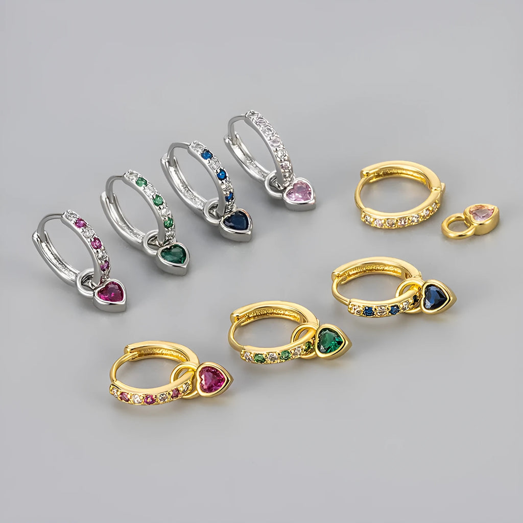 Women's heart-shaped zircon drop earrings with coloured gemstone centre and ear clip fastening