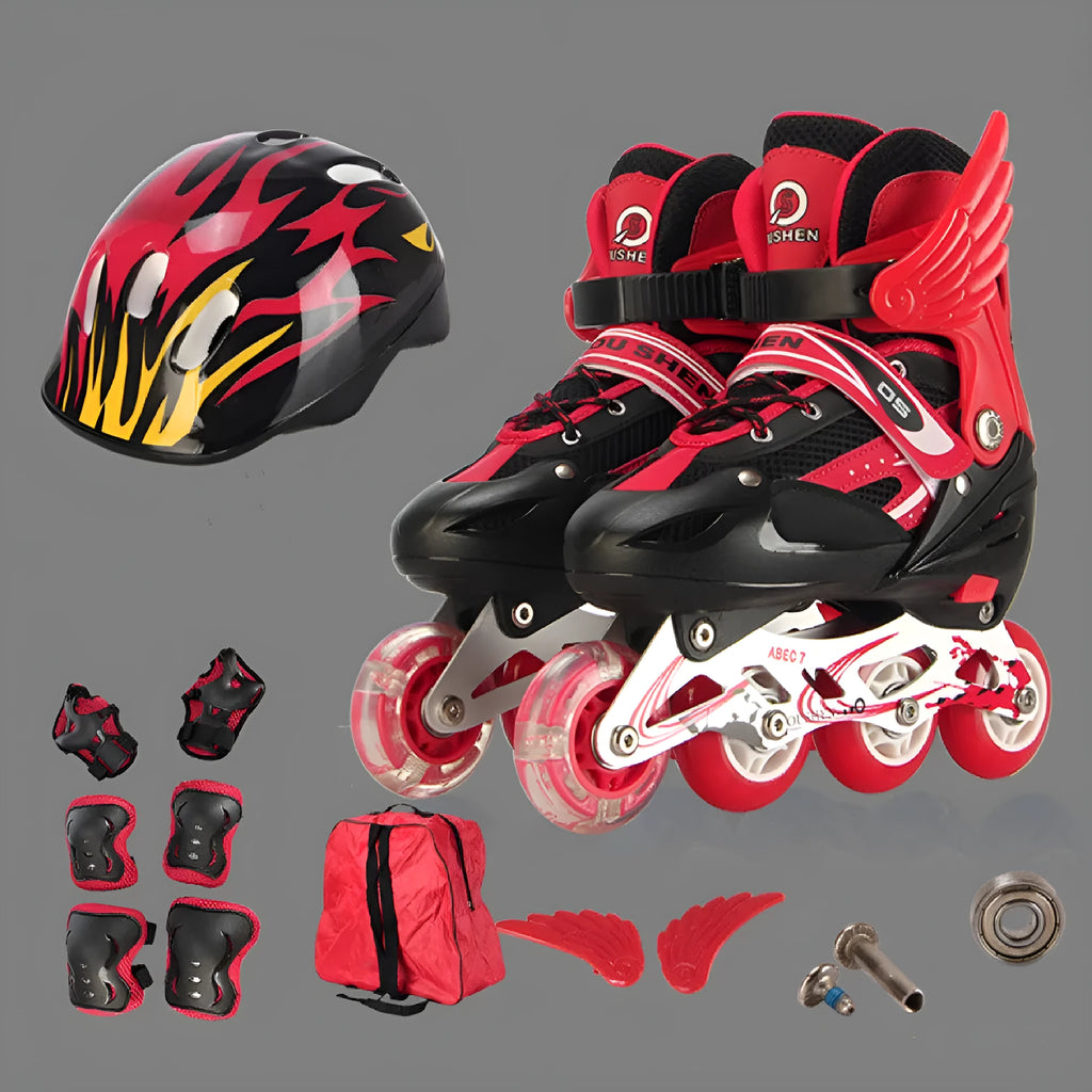 Yellow children's adjustable inline skates with aluminium frame, PU wheels, helmet, and protective gear on a backpack.