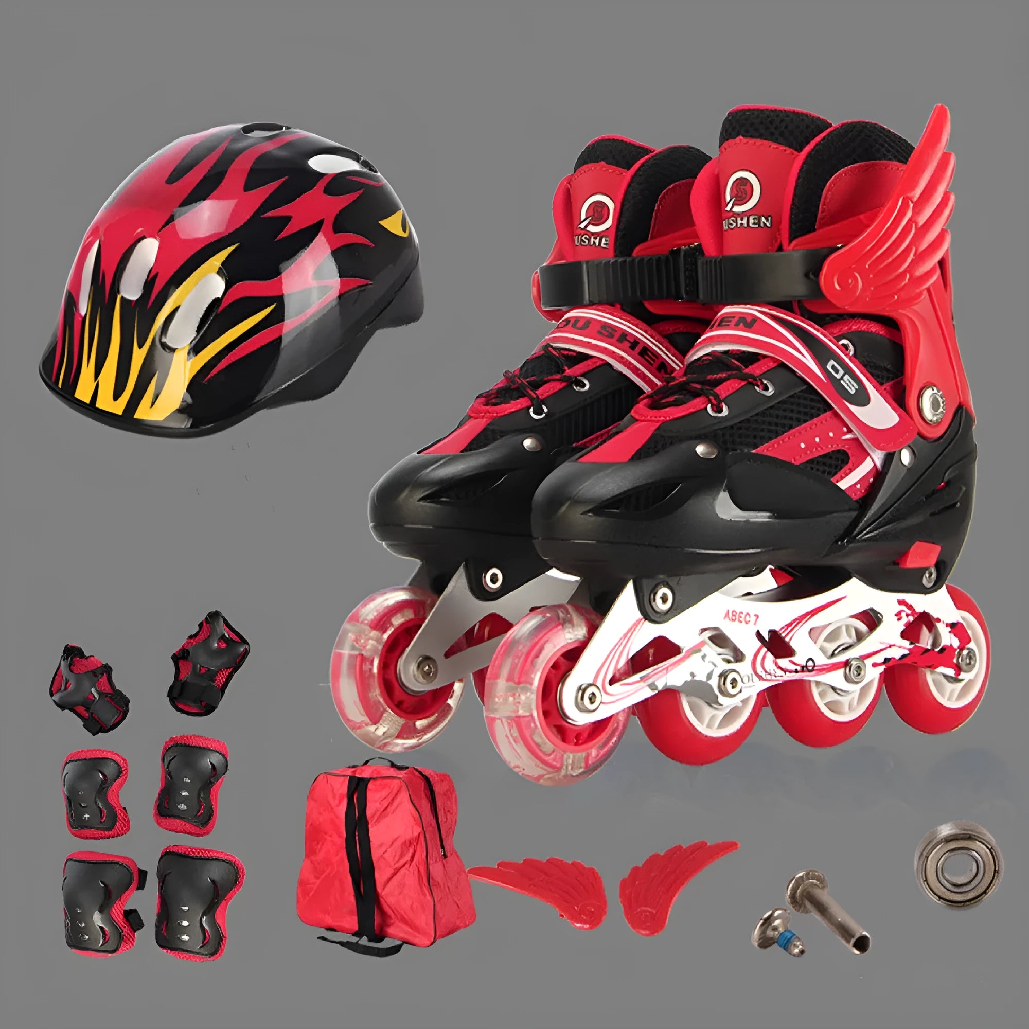 Yellow children's adjustable inline skates with aluminium frame, PU wheels, helmet, and protective gear on a backpack.