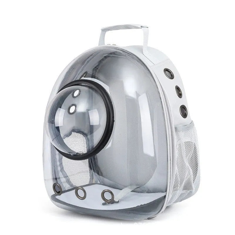 Grey astronaut dome-shaped cat carrier bag with a side opening for pet access.