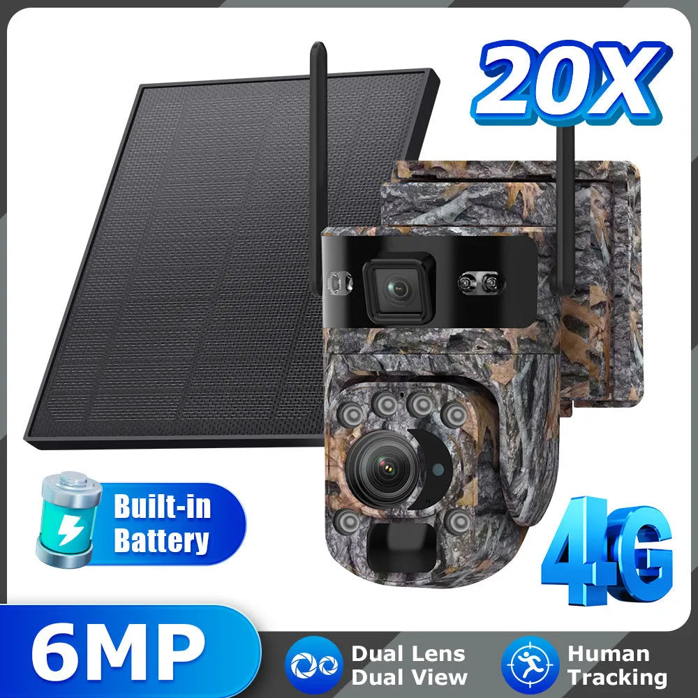 Jungle camouflage 4G solar camera with 6MP HD lens and 20x zoom mounted outdoors in green foliage