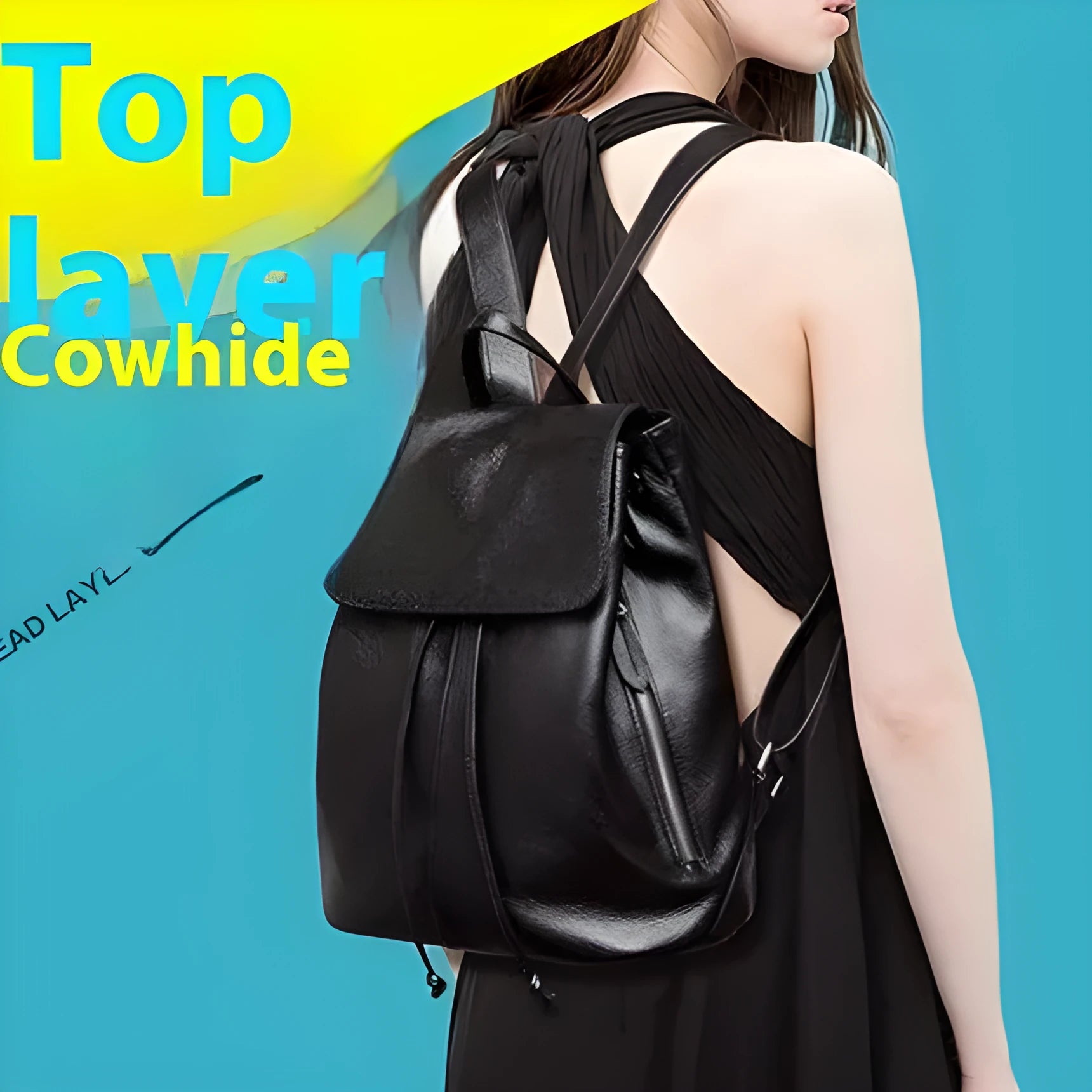 Genuine leather women's backpack in black with multiple internal compartments and waterproof finish