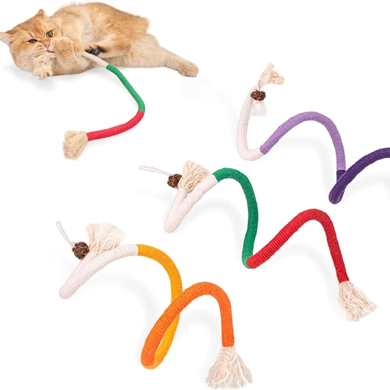 70cm cotton cat bite rope in three colour combinations: purple, orange, and red with green