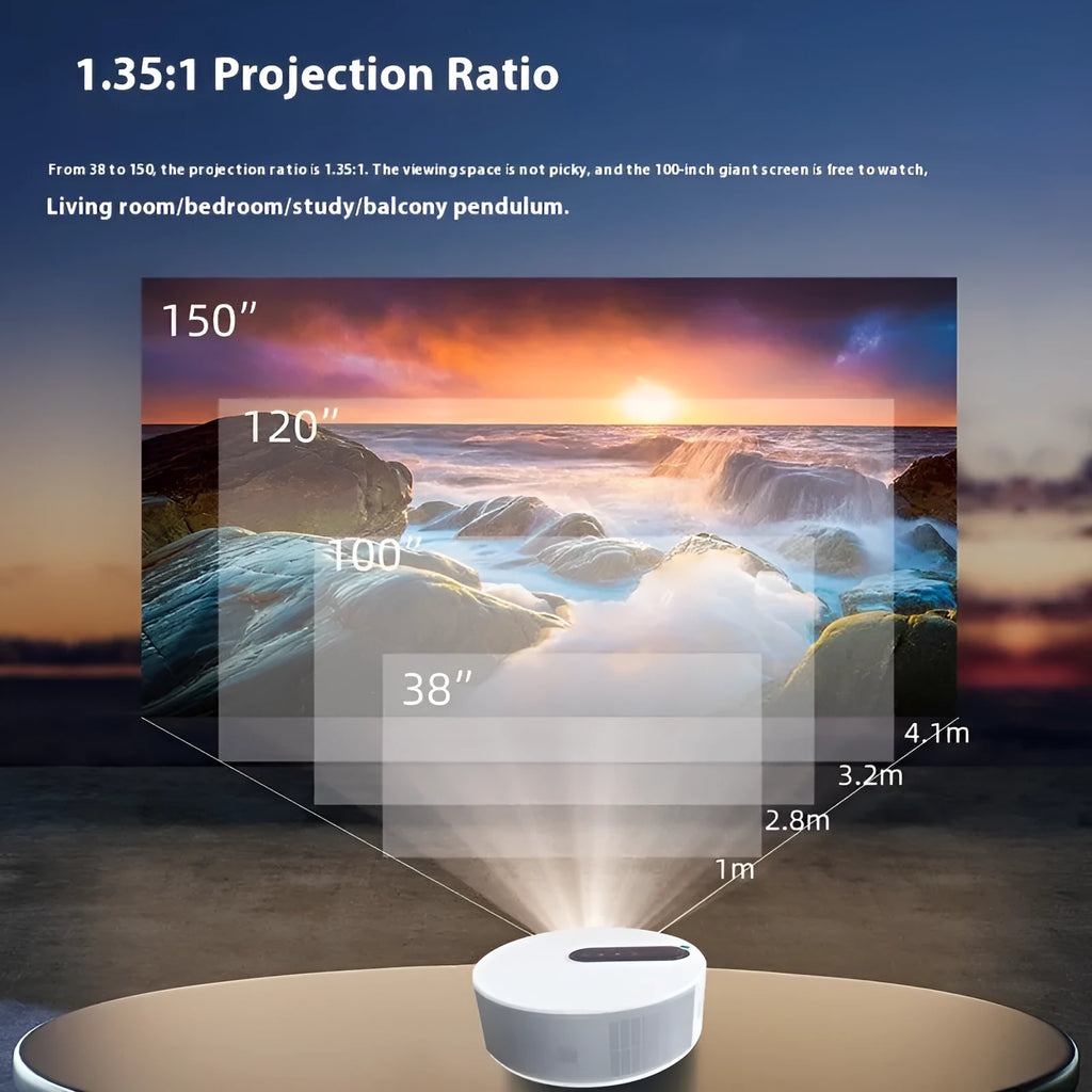 White HD projector with remote control on stand, showing 720p resolution display for home cinema use