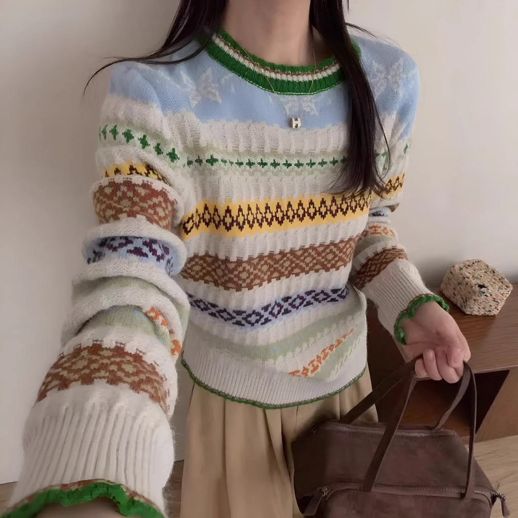 Women's loose jacquard knitted sweater pullover with retro art splicing in polyester cashmere blend