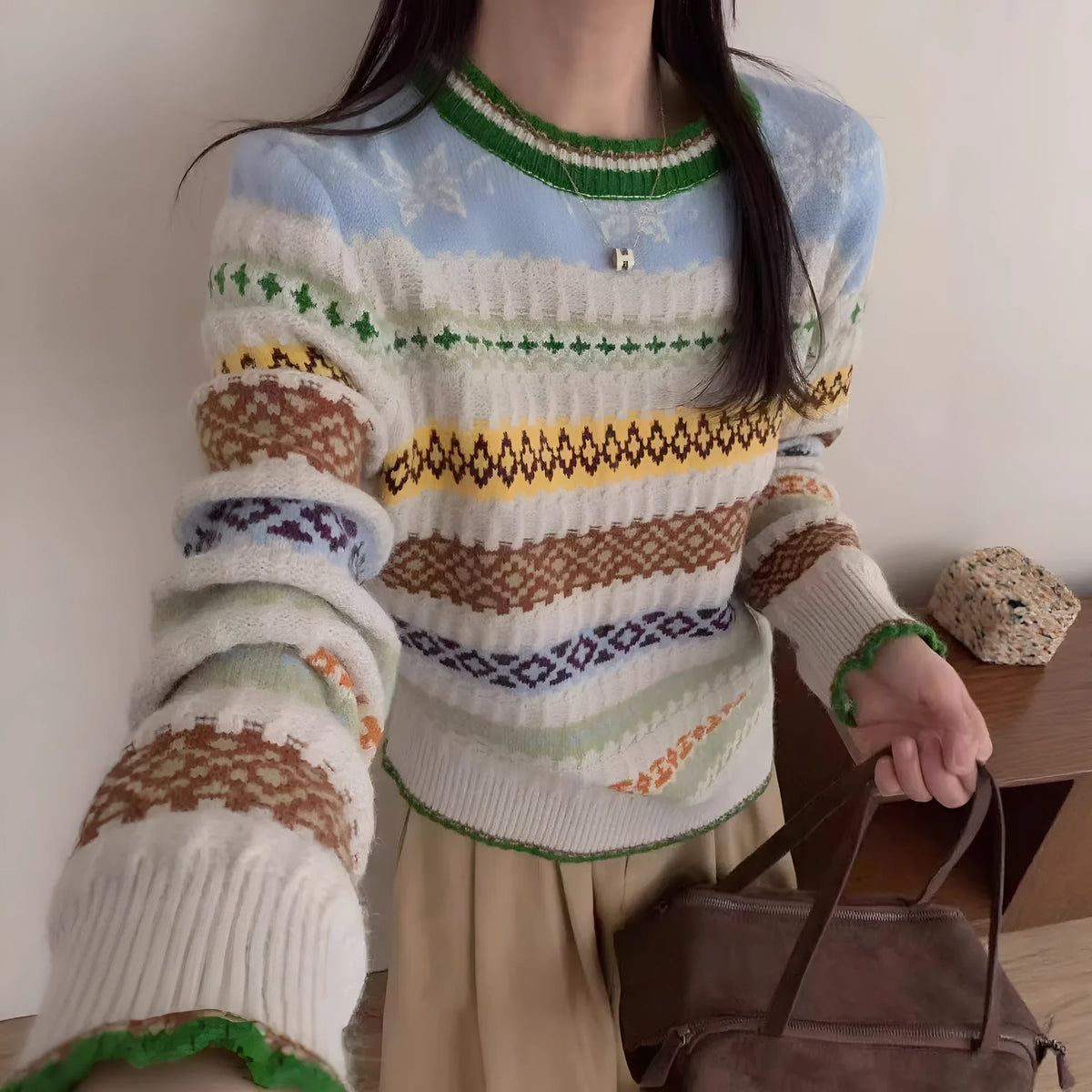Women's loose jacquard knitted sweater pullover with retro art splicing in polyester cashmere blend