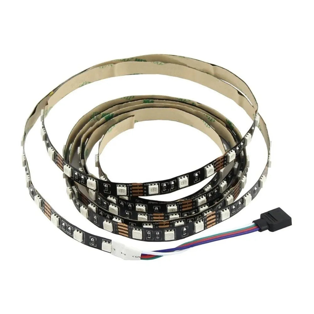 Flexible one-metre long USB LED light strip emitting blue light, coiled next to its USB power cable.