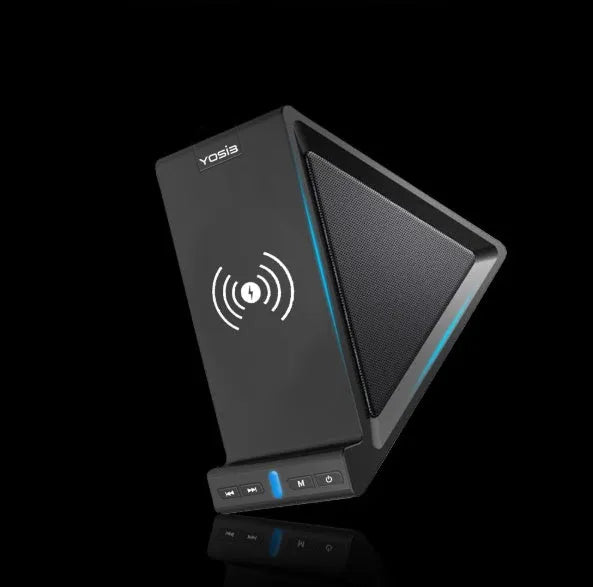 Black multifunctional Bluetooth speaker with integrated phone stand and wireless charging pad