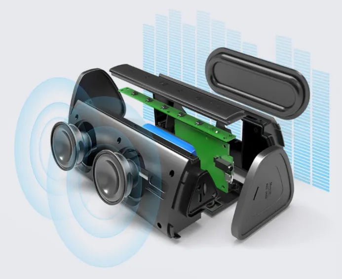 Waterproof outdoor Bluetooth speaker in black, compact size 152x66x64mm, with plastic shell and built-in subwoofer