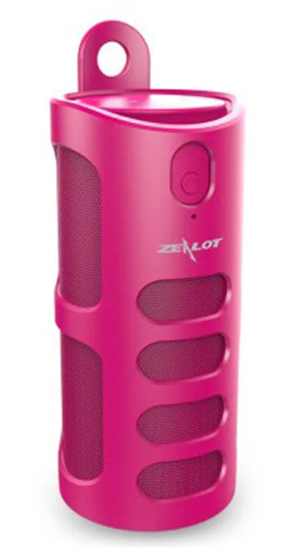 Compact portable Bluetooth speaker in black, blue, or red with control buttons on top.