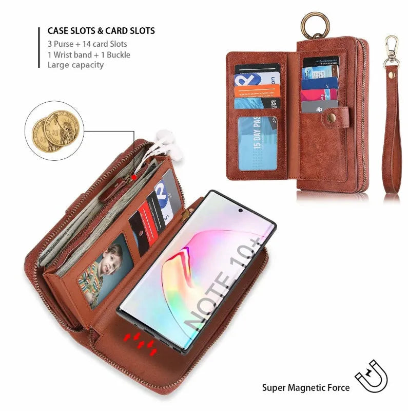 Black PU leather zip wallet case open to show smartphone and card slots.