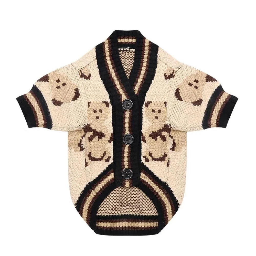 Cute bear pattern two-legged dog sweater in beige for small dogs and cats, sizes XS to XL