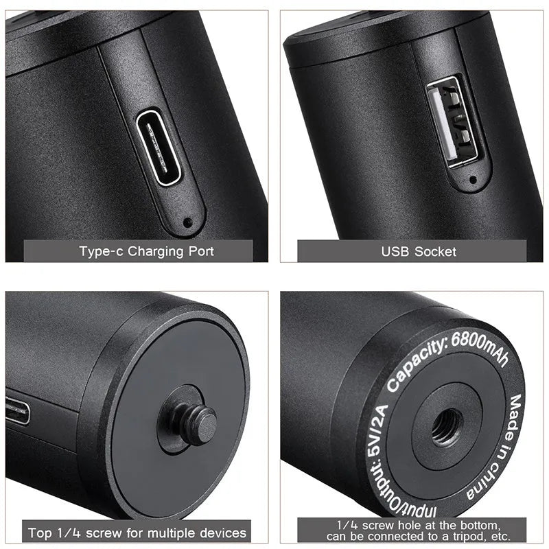 Black aluminium alloy power bank with carry handle showing 6800mAh capacity.