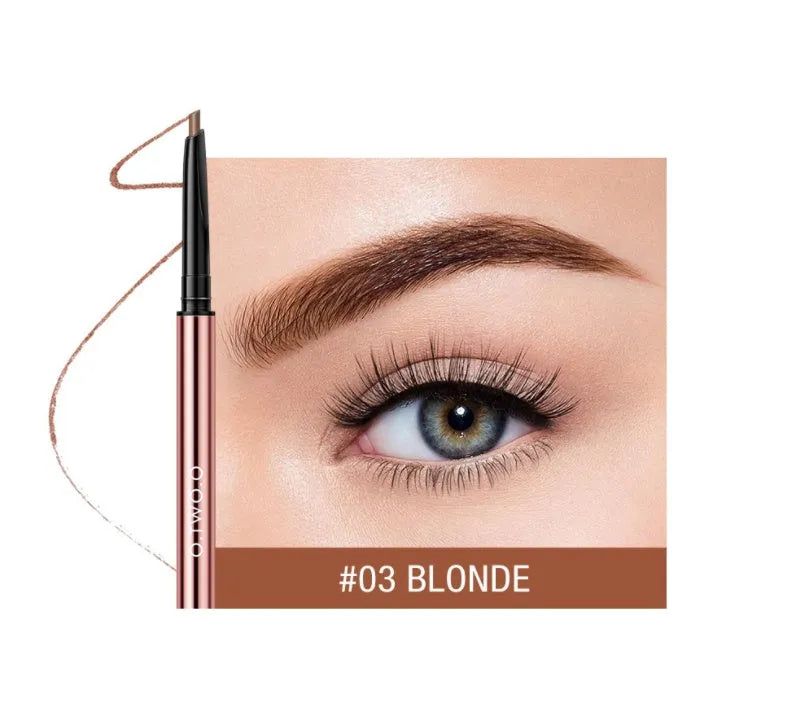 Eyebrow makeup pencil in colour box, showing six shade options: Auburn, Blonde, Caramel, Dark Brown, Soft Brown, Taupe.