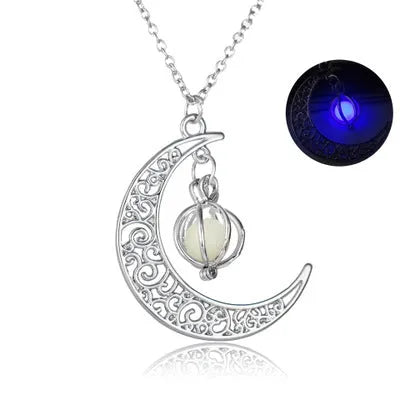 Moon-shaped luminous fluorite pendant necklace with bamboo chain in sky blue colour