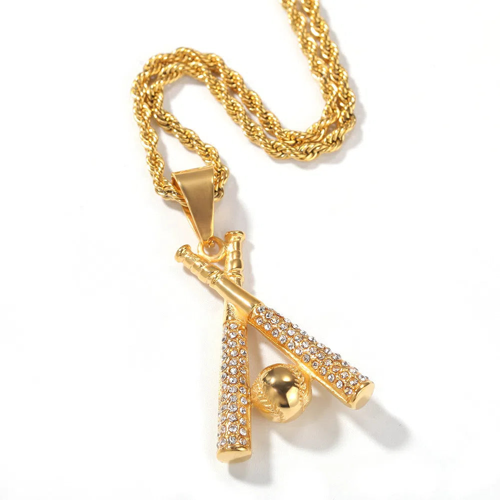 Gold alloy baseball bat pendant necklace for men with diamond processing finish and baseball design