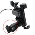 Black motorcycle phone holder mounted on handlebar with charging cable attached