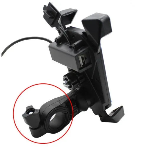 Black motorcycle phone holder mounted on handlebar with charging cable attached