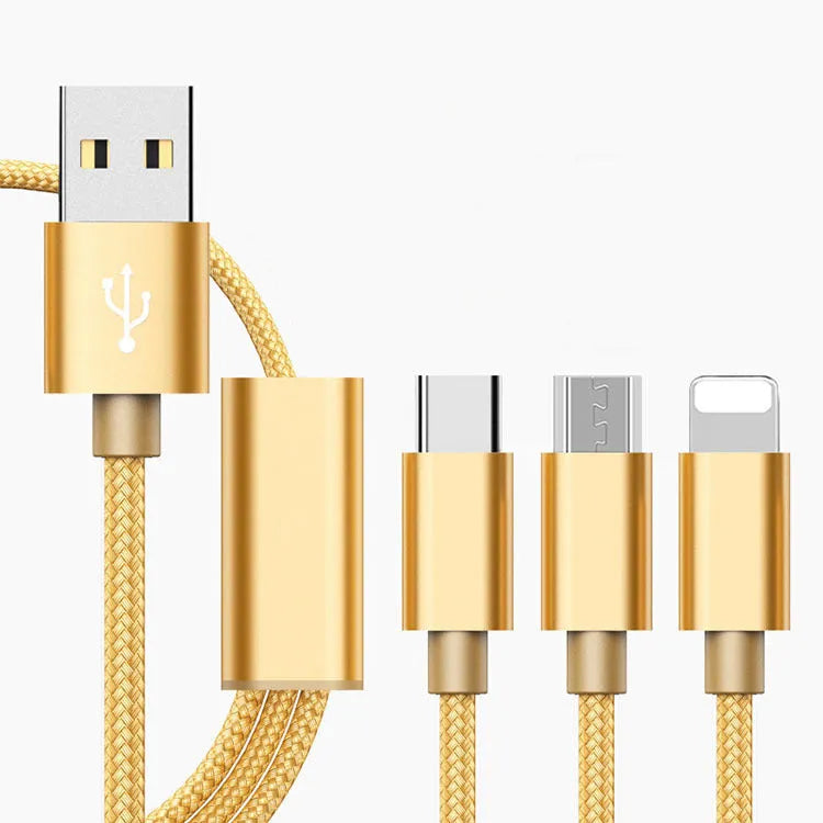 Three-in-one Micro USB charging cable for mobile phones with 1.2m length
