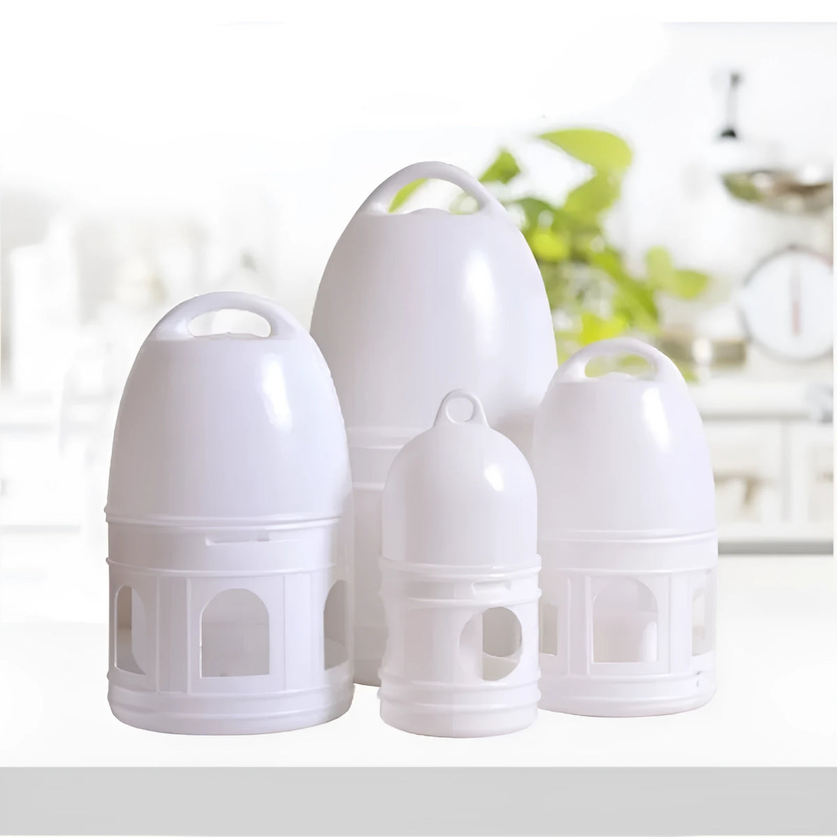 White plastic pigeon drinking bottle with nipple feeder in 1L, 3L, and 5L sizes