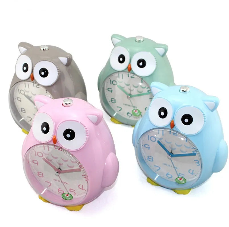Creative children owl cartoon clock in pink plastic with silent alarm, 14x11.5x17.5cm