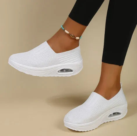 Women's air cushion sports shoe with flying woven mesh upper, non-slip EVA sole and 3-5cm mid heel