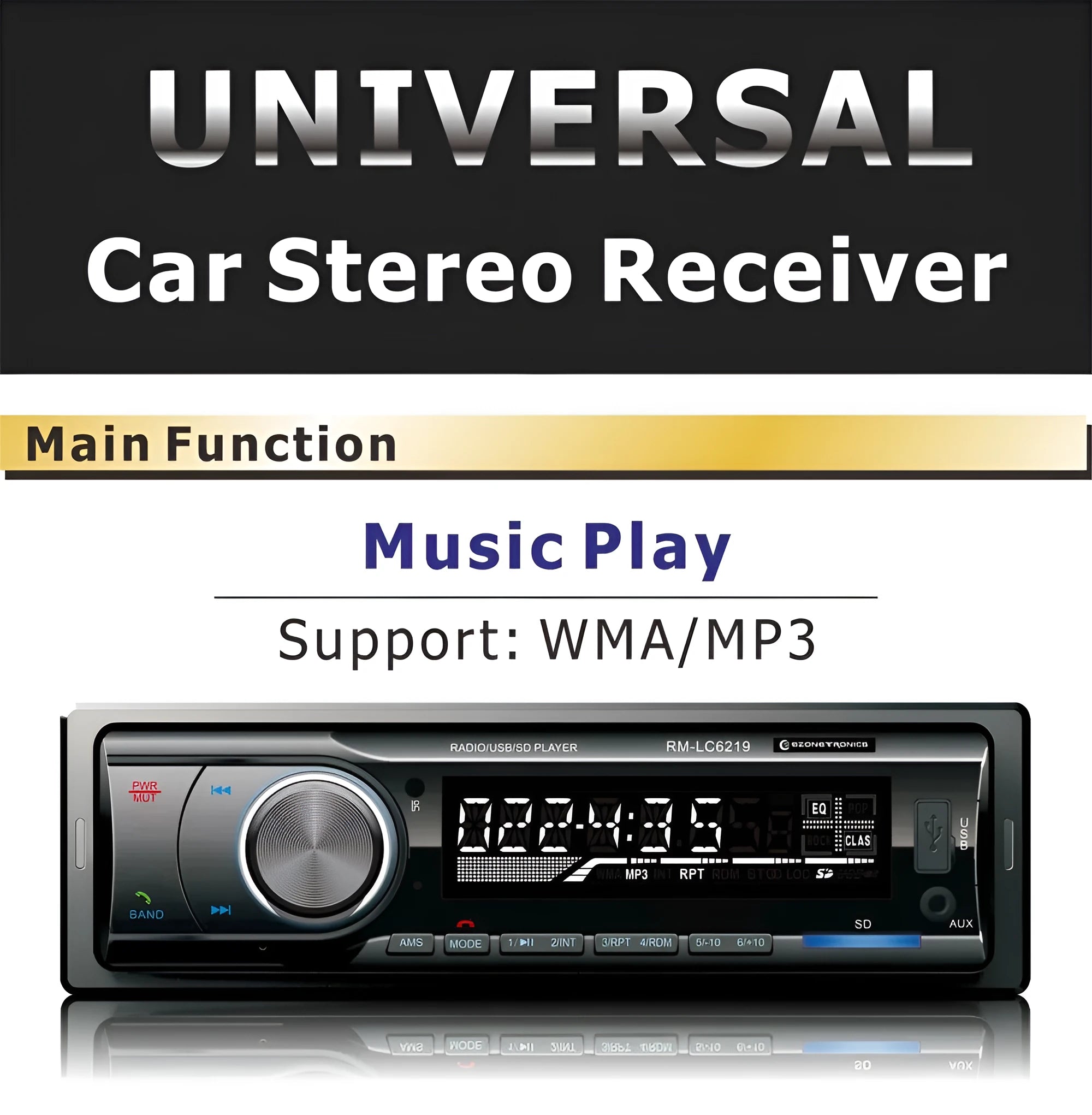 Car Bluetooth stereo receiver with front auxiliary input, USB and SD card slots on display