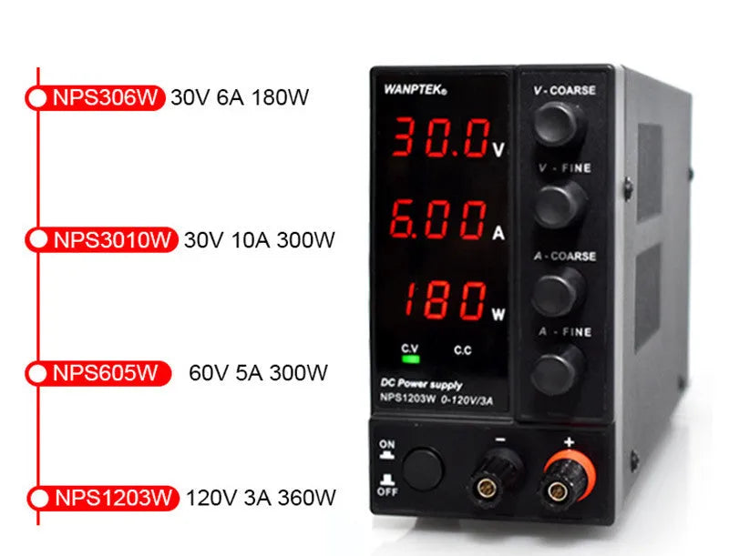 White adjustable DC power supply unit with voltage and current controls for electronics testing