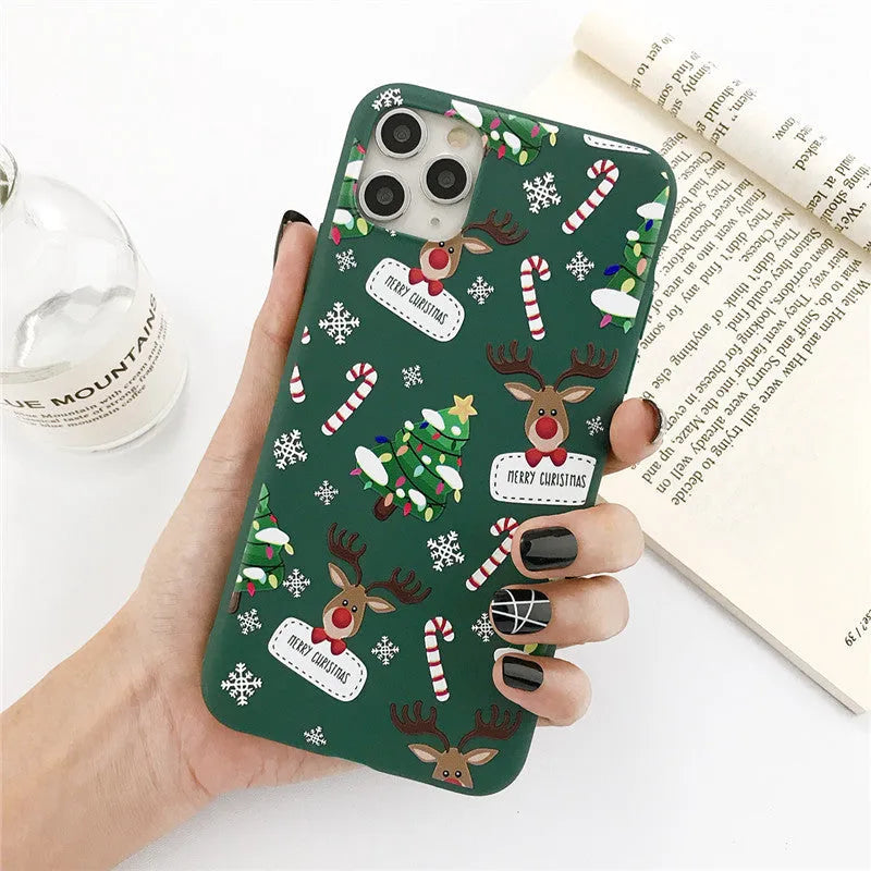 Green Christmas tree elk cartoon design TPU phone case for iPhone with stripe pattern elements