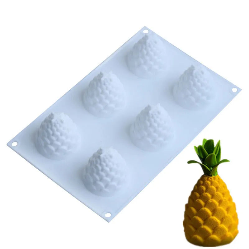 Six-cavity fruit silicone baking mould with pineapple and pine cone designs for Italian-style mousse desserts