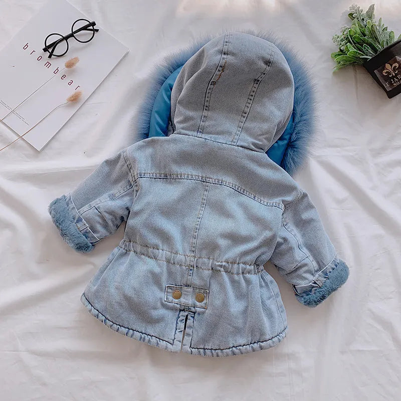 Girls blue denim coat with attached hood and plus velvet lining