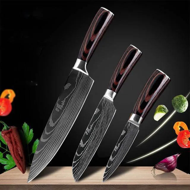 7Cr17 stainless steel chef knife with 18cm blade, laser Damascus pattern, and coloured wood handle