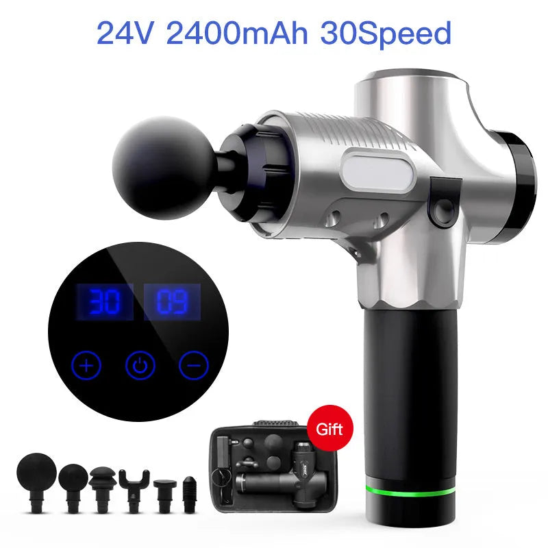 Fascia massage gun with 24V brushless motor, 30-speed control, six soft massage heads, and 2400mAh lithium battery in black.