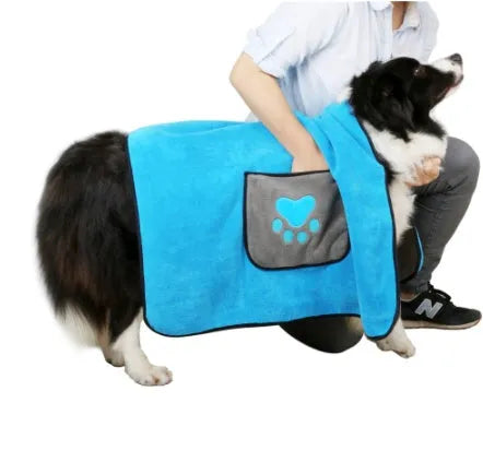 Pet bath towel in blue with 800g superfine absorbent fibre on both sides for fast drying