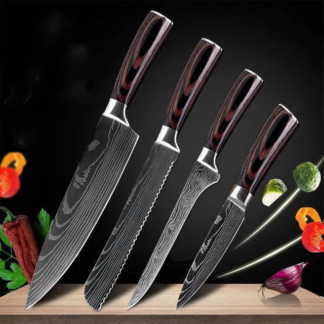 7Cr17 stainless steel chef knife with 18cm blade, laser Damascus pattern, and coloured wood handle