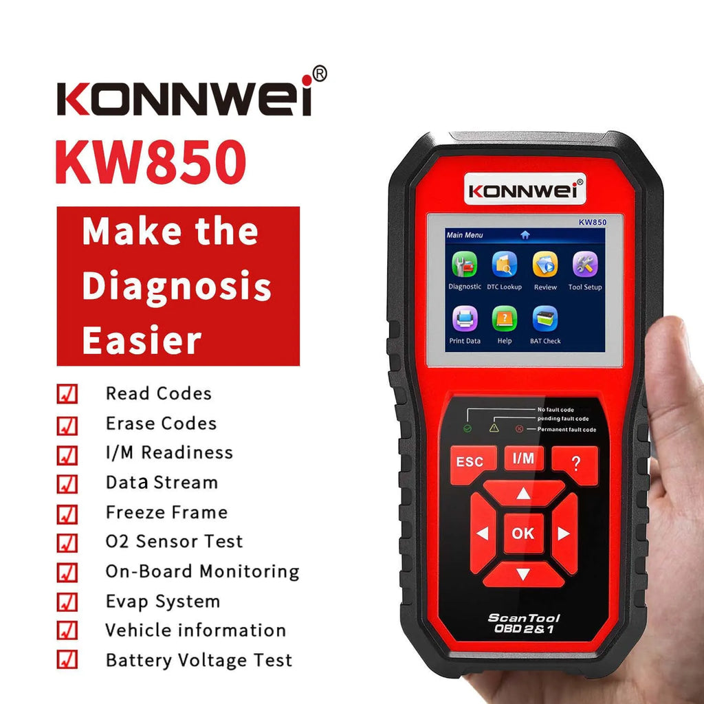 KW850 OBD2 scanner with TFT colour display, One-Click I/M Readiness Key and built-in speaker for car engine fault code reading